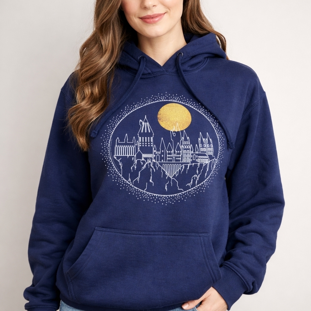 Women's Size Medium Navy Blue Harry Potter Hogwarts Castle Hoodie Sweatshirt